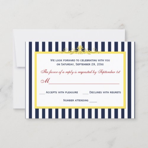 Navy, White, Yellow, Red Striped Scroll RSVP Card