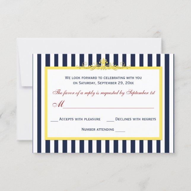 Navy, White, Yellow, Red Striped Scroll RSVP Card (Front)