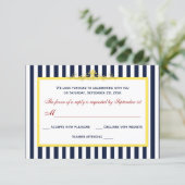 Navy, White, Yellow, Red Striped Scroll RSVP Card (Standing Front)