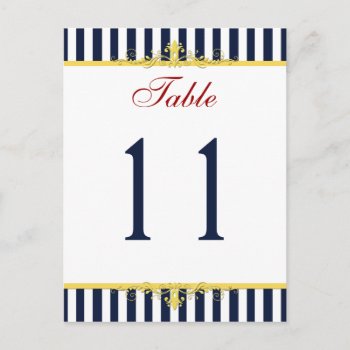 Navy  White  Yellow  Red Striped Table Number by NiteOwlStudio at Zazzle