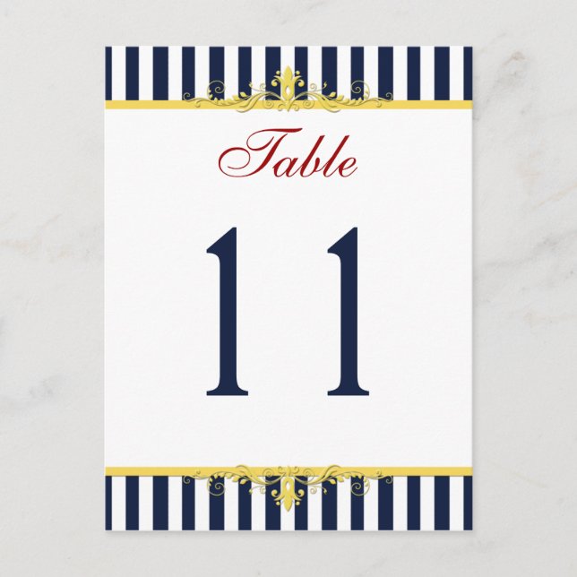 Navy, White, Yellow, Red Striped Table Number (Front)