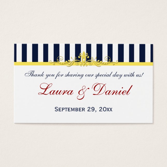 Navy, White, Yellow, Red Striped Wedding Favor Tag (Front)