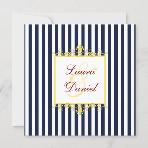 Navy White Yellow Red Stripes  Scrolls Invite