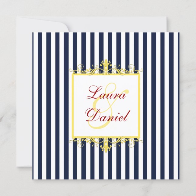 Navy, White, Yellow, Red Stripes & Scrolls Invite (Front)