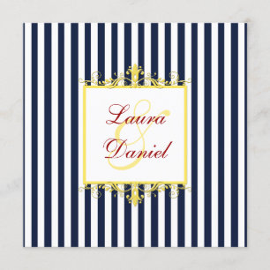 Navy, White, Yellow, Red Stripes & Scrolls Invite