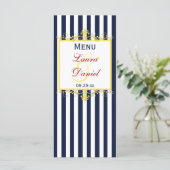 Navy White Yellow Red Stripes, Scrolls Menu Card (Standing Front)