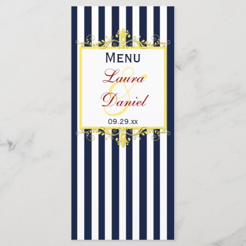 Navy White Yellow Red Stripes Scrolls Menu Card