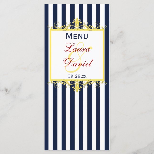 Navy White Yellow Red Stripes, Scrolls Menu Card (Front)