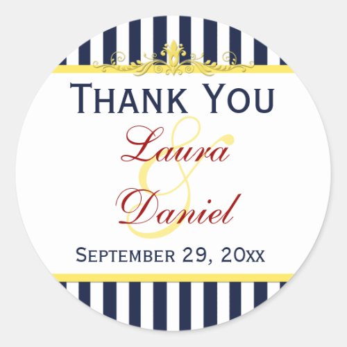 Navy White Yellow Stripes Scroll Wedding Sticker