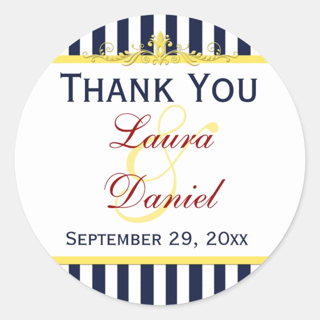 Navy White Yellow Stripes Scroll Wedding Sticker (Front)