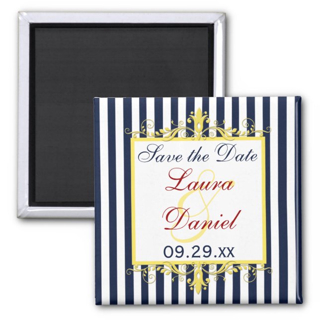 Navy, White, Yellow Stripes, Scrolls Save the Date Magnet (Front)
