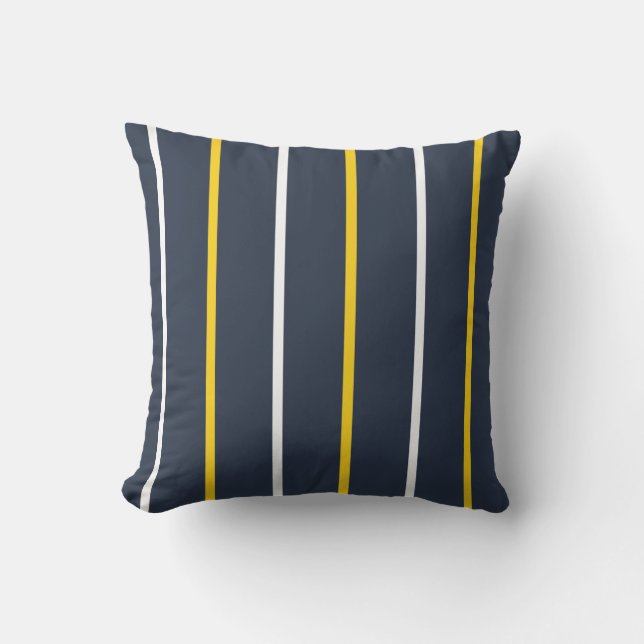 Navy White Yellow Vertical Stripes  Outdoor Pillow (Front)
