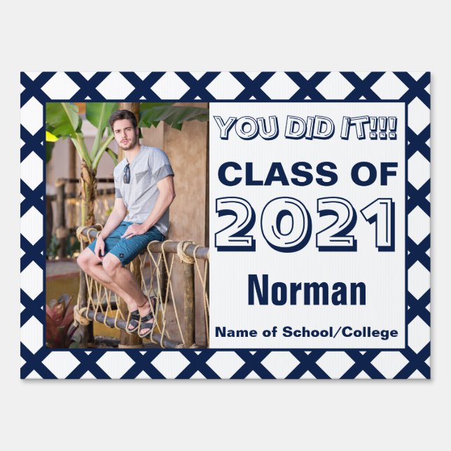 Navy & White You Did It Photo Graduation Sign (Back)
