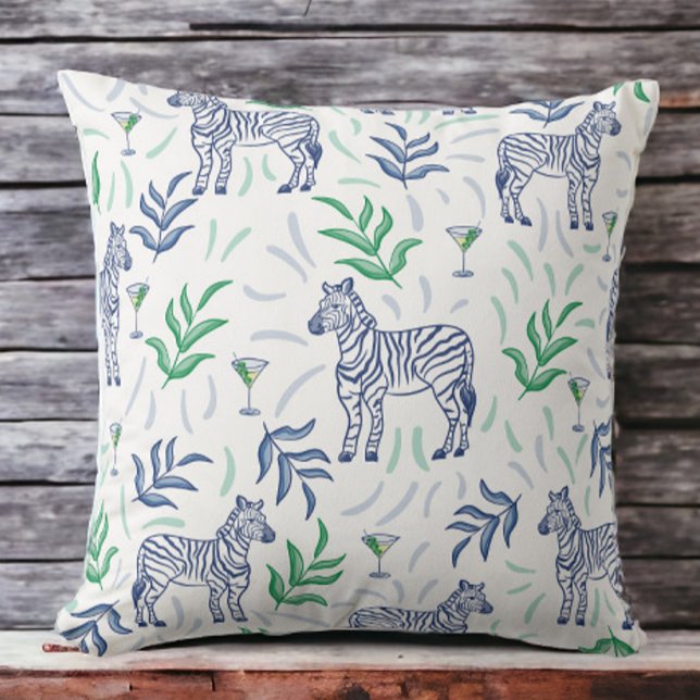Navy & White Zebra Martini Preppy Cocktail Decor Throw Pillow (Creator Uploaded)