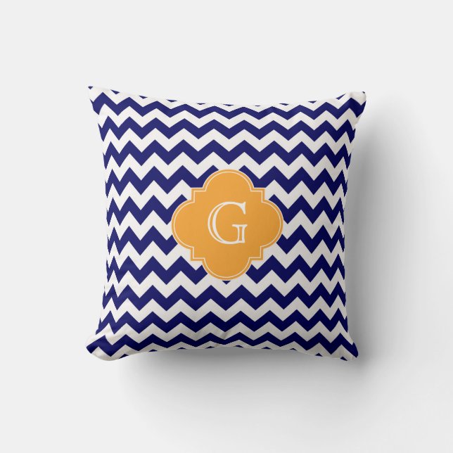Navy Wht Chevron Cantaloupe Quatrefoil Monogram Throw Pillow (Front)
