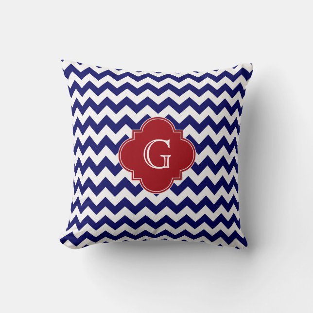 Navy Wht Chevron Cranberry Red Quatrefoil Monogram Throw Pillow (Front)