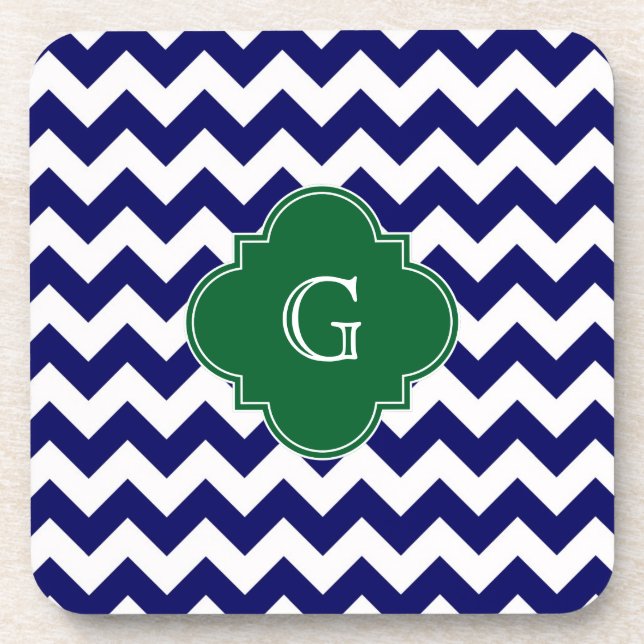 Navy Wht Chevron Forest Green Quatrefoil Monogram Drink Coaster (Front)