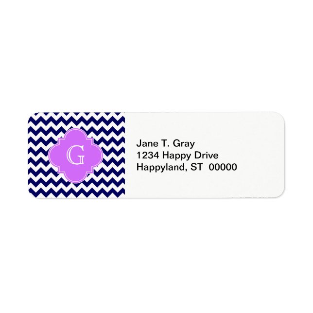 Navy Wht Chevron Lilac Purple Quatrefoil Monogram Label (Front)