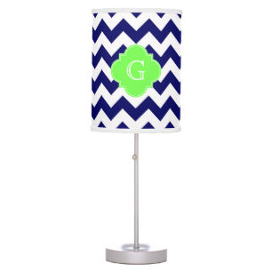 Navy Wht Chevron Lime Green Quatrefoil Monogram Table Lamp