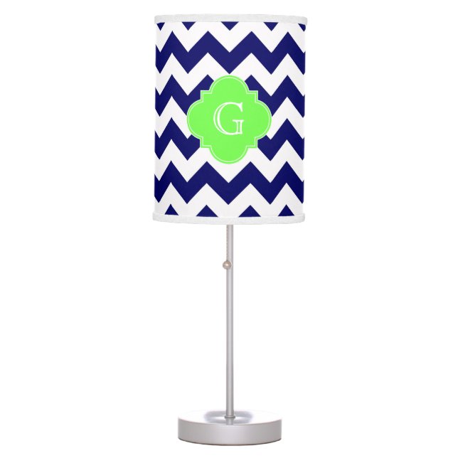 Navy Wht Chevron Lime Green Quatrefoil Monogram Table Lamp (Front)