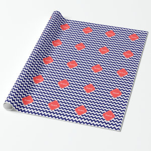 Navy Wht Chevron Zigzag Coral Quatrefoil Monogram Gift Wrap