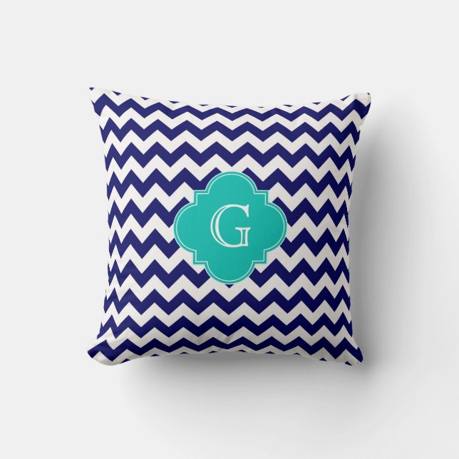 Navy Wht Chevron ZigZag Teal Quatrefoil Monogram Throw Pillow (Front)