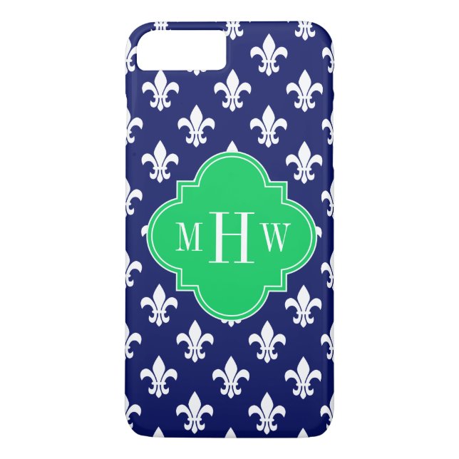 Navy Wht Fleur de Lis Emerald 3 Initial Monogram Case-Mate iPhone Case (Back)
