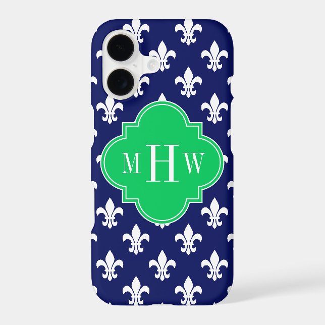 Navy Wht Fleur de Lis Emerald 3 Initial Monogram Iphone Case (Back)