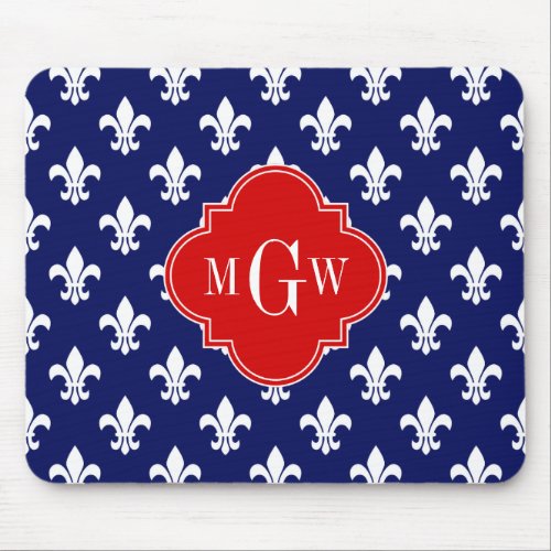 Navy Wht Fleur de Lis Red 3 Initial Monogram Mouse Pad