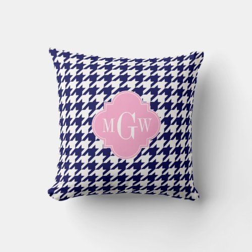 Navy Wht Houndstooth Pink Quatrefoil 3 Monogram Throw Pillow