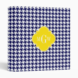 Navy Wht Houndstooth Yellow Quatrefoil 3 Monogram Binder