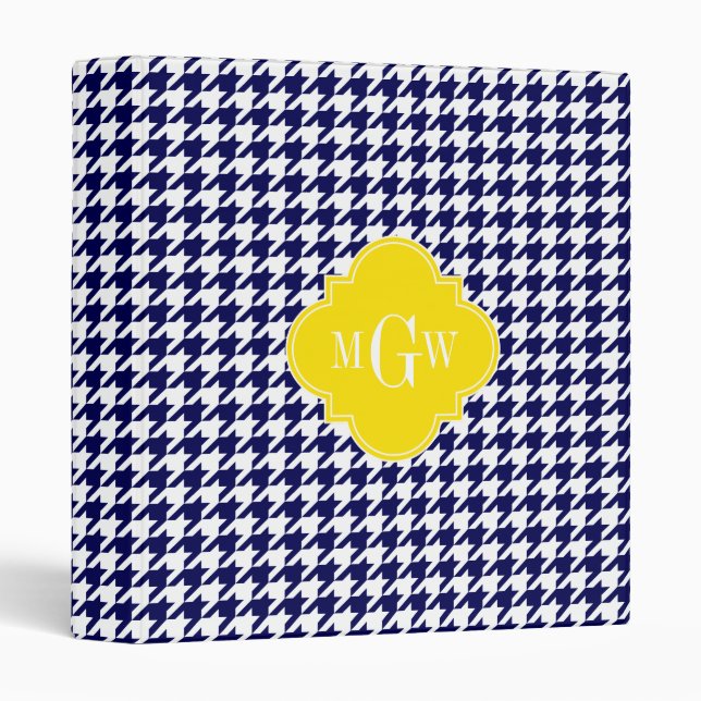 Navy Wht Houndstooth Yellow Quatrefoil 3 Monogram Binder (Front/Spine)