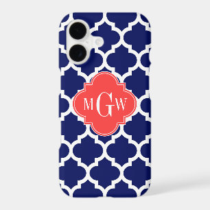 Navy Wht Moroccan #5 Coral Red 3 Initial Monogram iPhone 17 Case