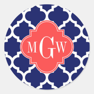 Navy Wht Moroccan #5 Coral Red 3 Initial Monogram Classic Round Sticker