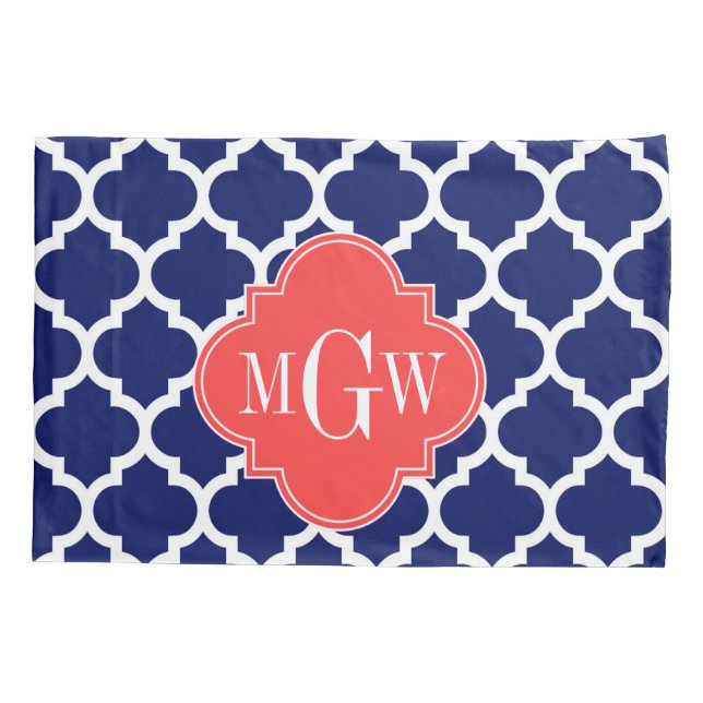 Navy Wht Moroccan #5 Coral Red 3 Initial Monogram Pillowcase (Back)