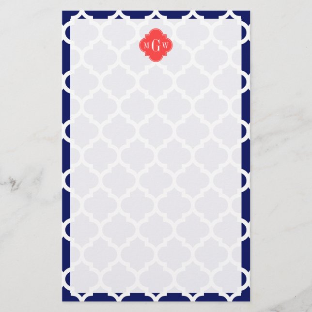 Navy Wht Moroccan #5 Coral Red 3 Initial Monogram Stationery (Front)