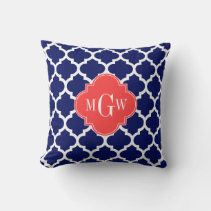 Navy Wht Moroccan #5 Coral Red 3 Initial Monogram Throw Pillow