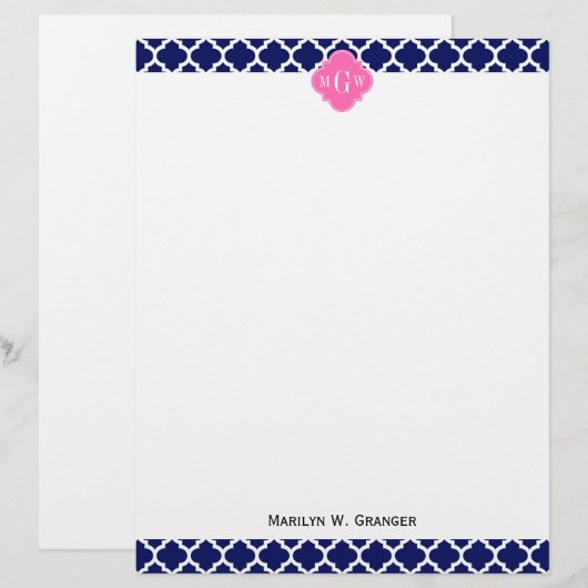 Navy Wht Moroccan #5 Hot Pink2 3 Initial Monogram (Front/Back)