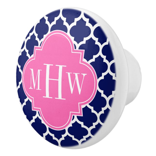 Navy Wht Moroccan #5 Hot Pink2 3 Initial Monogram Ceramic Knob (Right)