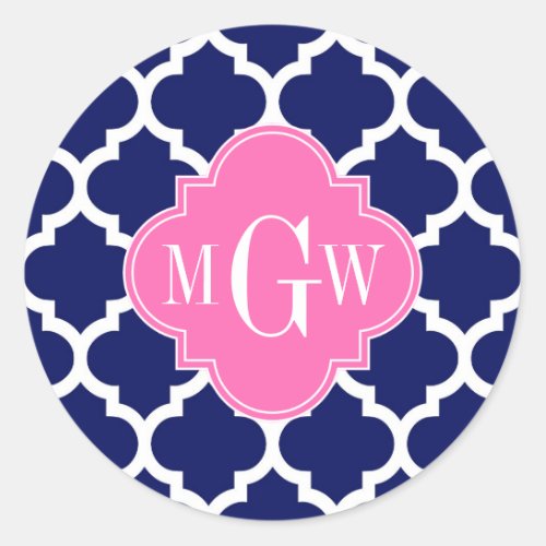 Navy Wht Moroccan 5 Hot Pink2 3 Initial Monogram Classic Round Sticker