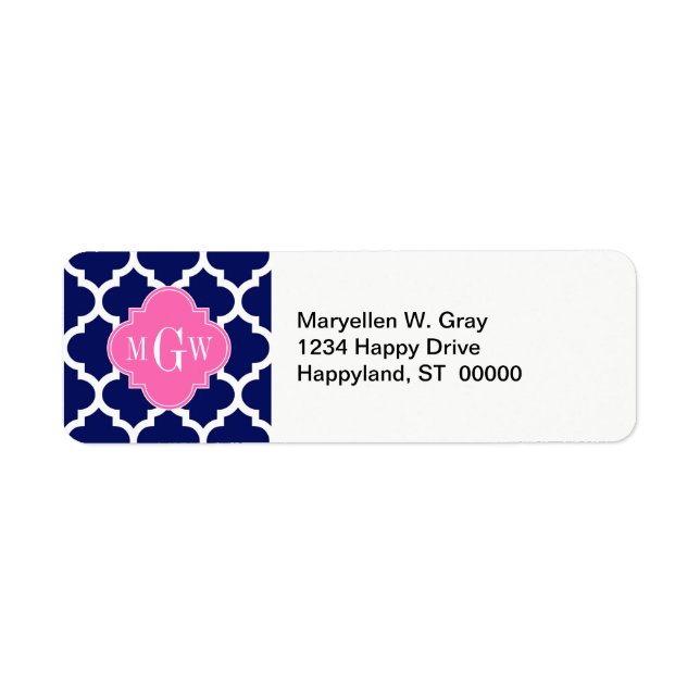 Navy Wht Moroccan #5 Hot Pink2 3 Initial Monogram Label (Front)