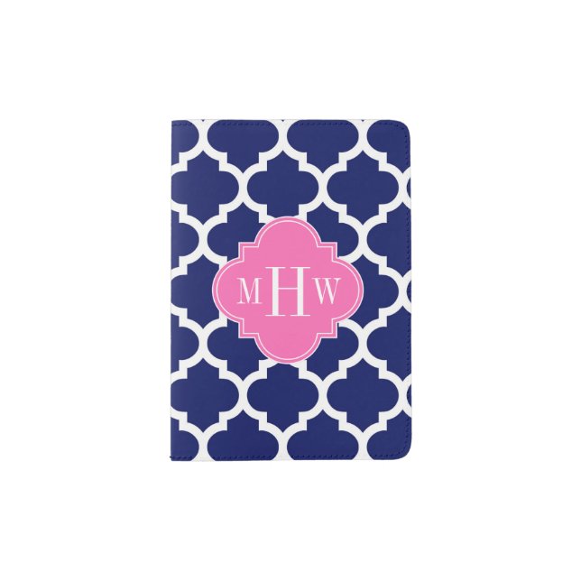 Navy Wht Moroccan #5 Hot Pink2 3 Initial Monogram Passport Holder (Front)