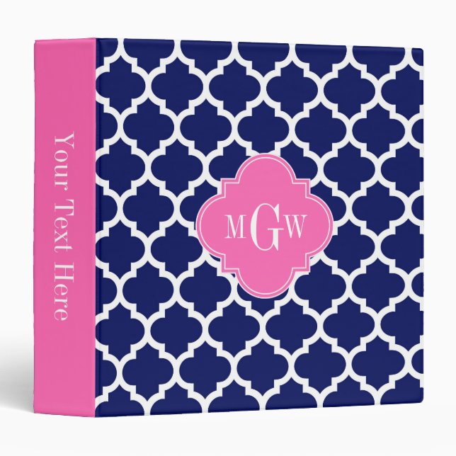 Navy Wht Moroccan #5 Hot Pink2 3 Initial Monogram Ring Binder (Front/Spine)