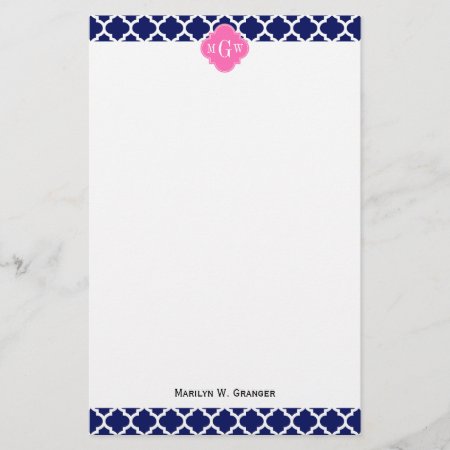 Navy Wht Moroccan #5 Hot Pink2 3 Initial Monogram Stationery