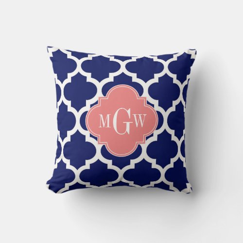 Navy Wht Moroccan 5 Lt Coral 3 Initial Monogram Throw Pillow