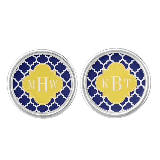 Navy Wht Moroccan #5 Pineapple 3 Initial Monogram Cufflinks (Front)