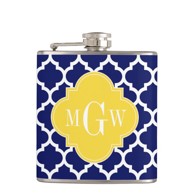 Navy Wht Moroccan #5 Pineapple 3 Initial Monogram Flask (Front)