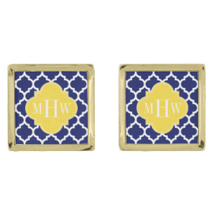 Navy Wht Moroccan #5 Pineapple 3 Initial Monogram Gold Cufflinks