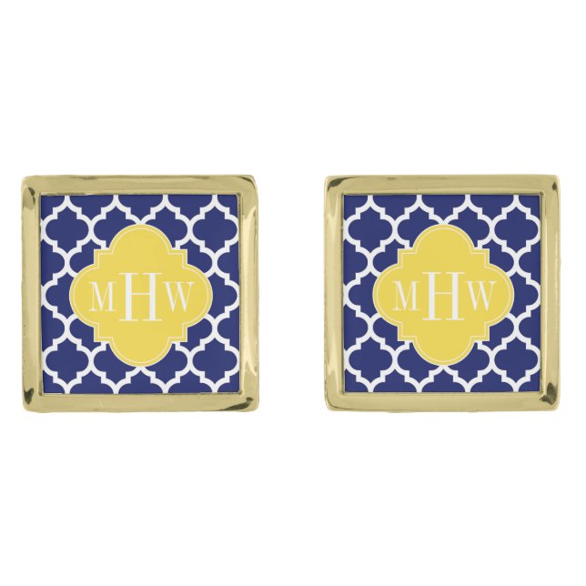 Navy Wht Moroccan #5 Pineapple 3 Initial Monogram Gold Cufflinks (Front)