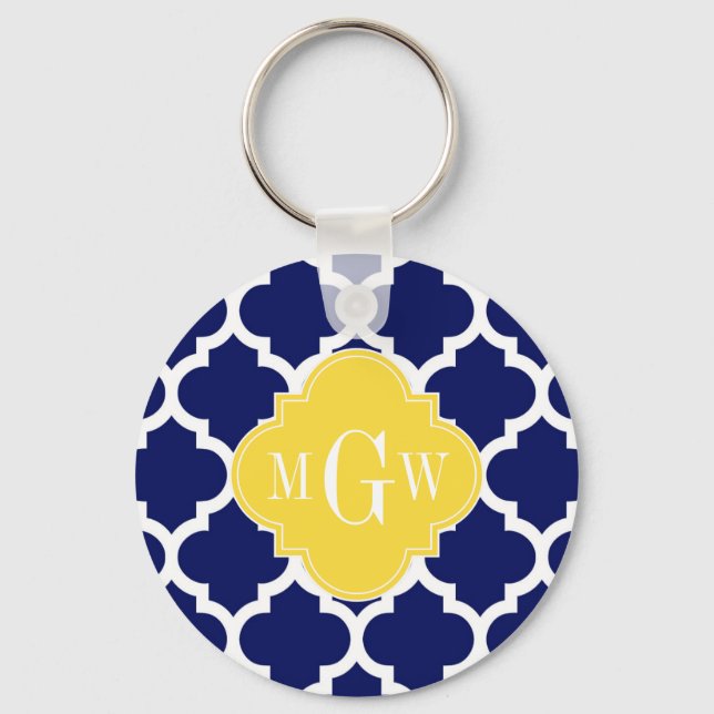 Navy Wht Moroccan #5 Pineapple 3 Initial Monogram Keychain (Front)